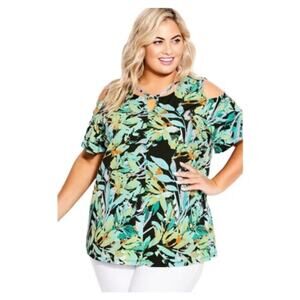 Catherines Tropical Print Cold Shoulder Blouse Womens 3X Green Flowy Boho Mature
